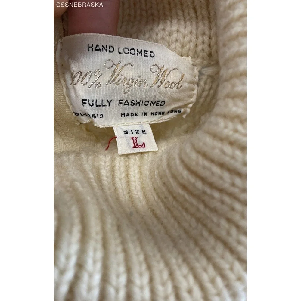 Vintage 80s Hand Loomed Women's Cream 100% Virgin Wool Zip Turtleneck Sweater L